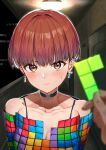  1girl 1other bangs bare_shoulders blurry blurry_background blurry_foreground blush breasts brown_eyes brown_hair choker cleavage closed_mouth collarbone depth_of_field ear_piercing earrings highres jewelry kabu_(niniko2ko) looking_at_viewer multiple_earrings off_shoulder original piercing short_hair stud_earrings sweatdrop tetris 