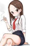  1girl arm_support bangs between_fingers black_skirt blush breasts brown_eyes brown_hair cigarette closed_mouth collared_shirt commentary crossed_legs feet_out_of_frame forehead highres holding holding_cigarette karakai_jouzu_no_takagi-san long_hair long_sleeves looking_at_viewer mask mask_pull mouth_mask necktie note2000 panties parted_bangs pencil_skirt red_necktie shadow shirt simple_background sitting skirt small_breasts smoke solo surgical_mask takagi-san underwear white_background white_panties white_shirt 
