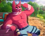  2022 abs anthro bandage belt biceps bottomwear camelid chest_tuft clothed clothing cloud day digital_media_(artwork) dirt epic_games eye_patch eyebrows eyewear fortnite grass hi_res leo-wolf llama lt._john_llama male mammal muscular muscular_anthro muscular_male outside pants pecs plant pose sky smile solo teeth topless tree tuft video_games 