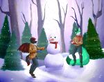  absurd_res anthro canid canine clothing duo forest fox guepardoxart hi_res hybrid male male/male mammal plant scarf smile snow snowball snowing snowman sweater topwear tree 
