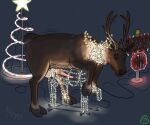  6:5 absurd_res antlers black_hooves brown_body brown_fur capreoline christmas_decorations christmas_lights deer eyes_closed feral fur genitals hi_res hooves horn humping inanimate_object kava_(artist) male mammal outdoor_decorations penis reindeer sign solo text wire 