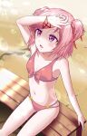  1girl absurdres arm_at_side armpits artist_name ass_visible_through_thighs bangs beach bench bikini blurry blush bob_cut bokeh bow bow_bikini bracelet breasts broly_matsumoto cleavage collarbone commentary depth_of_field doki_doki_literature_club from_above hair_ornament hair_ribbon hair_strand hand_to_own_face hand_up highres jewelry looking_afar looking_up natsuki_(doki_doki_literature_club) on_bed open_mouth parted_lips pink_hair purple_eyes red_ribbon ribbon sand shaded_face shading_eyes short_hair signature sitting small_breasts solo swept_bangs swimsuit two_side_up x_hair_ornament 
