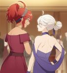  2girls ahoge bare_shoulders blurry blurry_background blush choker dark-skinned_female dark_skin dress e_(eokiba) eye_contact from_behind green_eyes grey_hair gundam gundam_suisei_no_majo hair_bun hairband hand_on_hip highres indoors jewelry looking_at_another looking_to_the_side miorine_rembran multiple_girls necklace off-shoulder_dress off_shoulder open_mouth people ponytail purple_dress red_dress red_hair short_hair shoulder_blades sidelocks smile strapless strapless_dress suletta_mercury thick_eyebrows upper_body wristband 