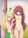  !? 2girls ahoge armpits arms_up blonde_hair blue_eyes blue_ribbon breasts brown_eyes bust_measuring door empty_eyes hair_down hair_ribbon hanazono_yurine highres indoors jashin-chan jashin-chan_dropkick lamia long_hair looking_at_another measuring minos_drawfag monster_girl multiple_girls navel nipples panties red_hair ribbon side-tie_panties small_breasts snake_tail standing striped striped_panties tail tape_measure topless underwear wall white_panties 