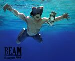  1boy beam_(chainsaw_man) black_hair blue_background chainsaw_man character_name copyright_name facing_viewer fishing_line money nevermind nirvana_(band) open_mouth outstretched_arms short_hair simple_background siyang_come solo spread_arms submerged topless_male 