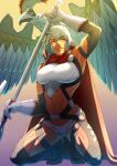  1girl absurdres aduti_momoyama aqua_hair arm_up armpits bangs bird breasts cape dagr_(fire_emblem) fire_emblem fire_emblem_heroes full_body gloves gradient gradient_background grey_footwear headpiece highres holding holding_weapon kneeling large_breasts micro_shorts muscular muscular_female navel red_cape sandals short_hair shorts toenails weapon white_eyes white_gloves white_shorts 