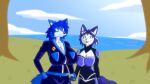  anthro big_breasts biped blue_body blue_eyes blue_fur breasts canid canine curvaceous curvy_figure delightultrasonic duo female female/female fox fur green_eyes hi_res hourglass_figure krystal krystal_aoki looking_at_viewer mammal nintendo small_breasts star_fox video_games voluptuous 