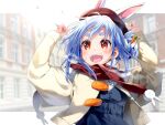  1girl :d alternate_costume alternate_hair_length alternate_hairstyle animal_ear_fluff animal_ears arms_up beret black_dress blue_hair blurry blurry_background blush braid braided_bun breasts breath brown_headwear bunny-shaped_pupils carrot_hair_ornament cold commentary don-chan_(usada_pekora) double_bun dress eretto food-themed_hair_ornament hair_bun hair_ornament hat hololive jacket light_blue_hair looking_afar medium_hair multicolored_hair open_clothes open_jacket open_mouth rabbit_ears rabbit_girl red_eyes red_scarf scarf shirt small_breasts smile solo symbol-shaped_pupils teeth thick_eyebrows two-tone_hair unbuttoned upper_body usada_pekora virtual_youtuber white_hair white_shirt winter_clothes yellow_jacket 