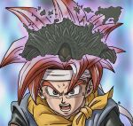  1boy alien bangs black_shirt blue_background blue_tunic blurry blurry_background chrono_trigger close-up crono_(chrono_trigger) furrowed_brow grey_eyes headband highres lavos_(chrono_trigger) male_focus neckerchief open_mouth parted_bangs red_hair shirt short_hair short_sleeves spiked_hair sweat teeth toriyama_akira_(style) upper_body white_headband wide-eyed yellow_neckerchief yuto_sakurai 