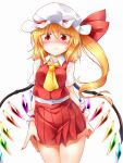  1girl alternate_breast_size ascot blonde_hair blush breasts buttons closed_mouth collared_shirt cowboy_shot crystal dress_shirt fang fang_out flandre_scarlet hair_between_eyes hat hat_ribbon highres long_hair marukyuu_ameya medium_breasts miniskirt mob_cap multicolored_wings nail_polish nose_blush red_eyes red_nails red_ribbon red_skirt red_vest ribbon shirt short_sleeves simple_background skin_fang skirt solo touhou vest white_background white_shirt wings wrist_cuffs yellow_ascot 