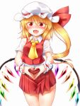  1girl alternate_breast_size ascot blonde_hair blush breasts buttons collared_shirt cowboy_shot crystal dress_shirt fang fangs flandre_scarlet hair_between_eyes hat hat_ribbon heart heart_hands highres long_hair marukyuu_ameya medium_breasts miniskirt mob_cap multicolored_wings nail_polish nose_blush pussy_juice red_eyes red_nails red_ribbon red_skirt red_vest ribbon shirt short_sleeves simple_background skin_fang skirt solo touhou vest white_background white_shirt wings wrist_cuffs yellow_ascot 