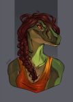  adeloo anthro athletic athletic_anthro athletic_female braided_hair breasts brown_hair bust_portrait clothed clothing dinosaur dromaeosaurid female green_body green_scales hair hi_res looking_at_viewer non-mammal_breasts portrait pupils reptile scales scalie shirt slit_pupils smile solo tank_top theropod topwear velociraptor yvonne_(lolzguy) 