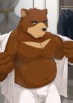  2022 absurd_res anthro bear belly big_belly black_nose bodily_fluids bottomwear brown_body bulge clothing hi_res humanoid_hands juuichi_mikazuki kemono male mammal moobs morenatsu musk navel nipples overweight overweight_male pants ry_o solo sweat video_games visual_novel 