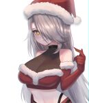  1girl black_panties blush breasts christmas cleavage elbow_gloves english_commentary fur-trimmed_gloves fur-trimmed_tube_top fur_trim gloves hair_over_one_eye hat highres large_breasts long_hair looking_at_viewer panties panty_straps red_gloves red_tube_top santa_costume santa_hat see-through see-through_cleavage sky_above_me smile strapless tube_top underwear virtual_youtuber vshojo white_hair yellow_eyes zentreya_(vtuber) 