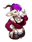  anthro belt big_breasts black_nails blazbaros bovid bra breasts caprine clothed clothing collar colored_nails devil_horns_(gesture) ear_piercing ear_ring ear_stud female fully_clothed fur gesture goat hair hi_res hoodie horn mammal midriff mohawk nails pentagram pentagram_lingerie piercing purple_hair red_eyes ring_piercing simple_background solo spiked_collar spikes thong_straps tongue tongue_out topwear underwear white_background white_body white_fur wide_hips 
