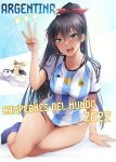  2022 2022_fifa_world_cup argentina black_hair commentary fifa_world_cup_trophy ganaha_hibiki green_eyes hair_ribbon hamuzou highres idolmaster kaiga la&#039;eeb long_hair open_mouth red_ribbon ribbon shiny shiny_skin shirt soccer soccer_uniform sportswear striped striped_shirt world_cup 