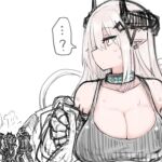  ...? 1girl arknights bare_shoulders black_collar black_tank_top breasts cleavage collar cool_(ningen_pump) demon_horns grey_hair hair_ornament horns infection_monitor_(arknights) large_breasts long_hair mudrock_(arknights) oripathy_lesion_(arknights) red_eyes simple_background sketch solo_focus tank_top upper_body white_background 