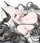 1girl areola_slip arknights bare_shoulders black_collar black_gloves black_tank_top breasts cleavage collar cool_(ningen_pump) demon_horns dutch_angle gloves grey_hair hair_ornament horns huge_breasts infection_monitor_(arknights) long_hair mudrock_(arknights) oripathy_lesion_(arknights) red_eyes simple_background sketch solo_focus tank_top upper_body white_background 