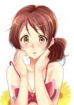  1girl :o absurdres bare_shoulders bikini blush breasts brown_eyes brown_hair cleavage collarbone flower hands_on_own_face hands_up hibike!_euphonium highres looking_at_viewer mou_(piooooon) oumae_kumiko parted_lips pink_bikini ponytail short_hair simple_background solo sunflower swimsuit white_background 