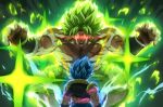  2boys angry arms_up bangs biceps black_vest blank_eyes blue_hair bracer broly_(dragon_ball_super) cape collarbone commentary_request dragon_ball dragon_ball_super dragon_ball_super_broly energy facing_away fur_cape glowing glowing_eyes gogeta green_cape green_hair highres legendary_super_saiyan looking_at_another male_focus metamoran_vest multiple_boys muscular muscular_male open_mouth pants papita_pochi parted_bangs pectorals purple_pants red_eyes scar scar_on_cheek scar_on_chest scar_on_face spiked_hair standing super_saiyan super_saiyan_blue teeth topless topless_male v-shaped_eyebrows v-shaped_eyes vest waist_cape 