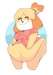  animal_crossing anthro belly belly_overhang big_belly blonde_hair bodily_fluids breasts canid canine canis clothed clothing domestic_dog female fur hair hi_res isabelle_(animal_crossing) kapptastic mammal navel nintendo obese obese_anthro obese_female overweight overweight_anthro overweight_female shih_tzu solo sweat sweatdrop toy_dog video_games yellow_body yellow_fur 