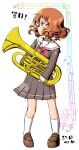  1girl bangs brown_eyes brown_footwear brown_hair brown_shirt brown_skirt closed_mouth euphonium hibike!_euphonium highres hime_(himesama_2c) holding holding_instrument instrument kitauji_high_school_uniform loafers long_sleeves neckerchief oumae_kumiko pleated_skirt profile red_neckerchief sailor_collar school_uniform serafuku shirt shoes short_hair skirt smile socks solo standing uniform white_sailor_collar white_socks 