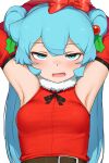  1girl :d abmayo alternate_costume alternate_hairstyle aqua_eyes aqua_hair armpits arms_up blush bound bound_arms bow commentary detached_sleeves double_bun hair_bun hair_ornament hatsune_miku holly_hair_ornament long_hair looking_at_viewer mistletoe open_mouth red_bow ribbon ribbon_bondage shirt simple_background sleeveless sleeveless_shirt smile smirk solo symbol-only_commentary upper_body vocaloid white_background 
