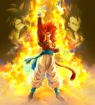  3boys abs absurdres arm_up baggy_pants bangs black_hair black_vest blue_eyes blue_sash body_fur boots brown_footwear clenched_hand closed_mouth collarbone commentary_request dragon_ball dragon_ball_gt fire full_body glaring gogeta hand_up highres index_finger_raised looking_at_viewer male_focus metamoran_vest monkey_tail multiple_boys muscular muscular_male open_clothes open_vest pants papita_pochi parted_bangs parted_lips pectorals red_fur red_hair sash serious smile solo_focus son_goku spiked_hair standing super_saiyan super_saiyan_4 tail v-shaped_eyebrows vegeta vest white_pants wristband 
