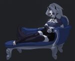  anthro bottomwear canid canid_demon choker claws clothed clothing demon fainting_couch female fully_clothed fur furniture grey_hair hair hellhound helluva_boss hi_res jewelry legwear loona_(helluva_boss) mammal necklace notched_ear pentagram_top pulred reclining red_sclera shorts simple_background solo thigh_highs topwear translucent translucent_hair white_body white_fur 