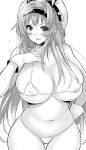  1girl :d ass_visible_through_thighs bikini blush braid collarbone covered_nipples cowboy_shot gloves goddess_of_victory:_nikke greyscale hand_on_hip hat helm_(nikke) highres long_hair looking_at_viewer micro_bikini military_hat monochrome navel smile solo stomach swimsuit very_long_hair yuki_mizore 