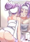  1girl absurdres alternate_hairstyle ass breasts cleavage commentary_request from_behind hair_bun hair_up hatsuharu_(kancolle) highres kantai_collection large_breasts leaning_forward looking_at_mirror matsurika_(harusutain) mirror naked_towel nude one_eye_closed parted_lips purple_eyes purple_hair reflection signature single_hair_bun sink solo towel wet white_towel 