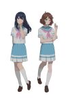  2girls absurdres bangs black_hair blue_eyes blue_sailor_collar blue_skirt blush brown_eyes brown_footwear brown_hair closed_mouth hand_up hibike!_euphonium highres kitauji_high_school_uniform kneehighs kousaka_reina loafers long_hair looking_at_viewer multiple_girls neckerchief oumae_kumiko pink_neckerchief pleated_skirt psylduck sailor_collar school_uniform serafuku shirt shoes short_hair short_sleeves simple_background skirt smile socks standing uniform white_background white_shirt white_socks 