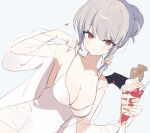  1girl absurdres blue_archive bow braid breasts cleavage closed_mouth dutch_angle food grey_hair hair_bow hair_bun hand_up haruna_(blue_archive) heart highres holding ice_cream jacket light_blush looking_at_viewer medium_breasts official_alternate_costume one-piece_swimsuit red_eyes see-through see-through_jacket simple_background sketch solo sundae swimsuit taiyaki upper_body wagashi white_background white_one-piece_swimsuit ymm007xx 