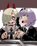  +_+ 2girls :o ayame_(0419) black_necktie black_suit blurry blurry_foreground car_interior chainsaw_man cosplay demon_horns formal higashiyama_kobeni higashiyama_kobeni_(cosplay) horns idolmaster idolmaster_cinderella_girls koshimizu_sachiko meme multiple_girls necktie open_mouth parody power_(chainsaw_man) power_(chainsaw_man)_(cosplay) power_crashes_kobeni&#039;s_car_(meme) screaming shirasaka_koume smile sparkle steering_wheel suit surprised sweatdrop 