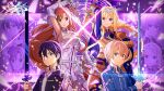  2boys 2girls alice_zuberg armor asuna_(sao) black_eyes blonde_hair blue_eyes blue_rose_sword brown_eyes brown_hair eugeo hair_between_eyes highres holding holding_sword holding_weapon kirito logo long_hair multiple_boys multiple_girls night_sky_sword official_art parted_lips short_hair sword sword_art_online sword_art_online:_alicization very_long_hair weapon wing_collar 