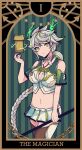  1girl bangs braid breasts chain choker cleavage closed_mouth commentary green_hair grey_hair hair_ornament highres hip_vent holding kantai_collection large_breasts long_hair looking_at_viewer midriff miniskirt multicolored_hair rirashi single_braid skirt solo star_(symbol) tarot the_magician_(tarot) thighhighs unryuu_(kancolle) very_long_hair yellow_eyes 