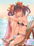  1girl absurdres artist_name barefoot beach beach_chair bikini black_bikini breasts chair commission fingernails flower hair_flower hair_ornament highres horizon hugging_own_legs kaze_fukeba_nanashi long_fingernails looking_at_viewer mole mole_under_eye nail_polish navel ocean pink_nails purple_eyes purple_hair saimon_(tales) side-tie_bikini_bottom skeb_commission small_breasts smile solo sun sunset swimsuit tales_of_(series) tales_of_zestiria thank_you toenail_polish toenails toes twintails 