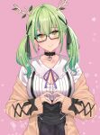  1girl absurdres breasts cardigan ceres_fauna choker cleavage cleavage_cutout clothing_cutout earrings glasses green_hair hair_ribbon heart heart_choker heart_hands highres hololive hololive_english jewelry jirai_kei large_breasts long_hair long_sleeves looking_at_viewer official_alternate_costume ranox ribbon sleeves_past_wrists smile solo twintails upper_body virtual_youtuber yellow_eyes 