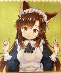  1girl alternate_costume animal_ears apron artist_name black_dress brown_hair dress enmaided fang fingernails highres imaizumi_kagerou iris_anemone long_fingernails long_hair long_sleeves looking_at_viewer maid maid_apron maid_headdress nail_polish open_mouth red_eyes red_nails sharp_fingernails signature solo touhou traditional_media white_apron wolf_ears 