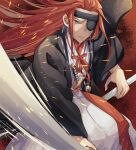  1boy embers hair_slicked_back hanna_(y_m_d_jgkrk) haori highres holding holding_weapon japanese_clothes jigokuraku katana long_hair looking_at_viewer red_background red_hair red_theme robe slashing solo sword weapon white_robe yamada_asaemon_eizen yellow_eyes 