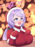  1boy 1girl absurdres animal_hood blue_archive blue_eyes blush breasts christmas christmas_lights gloves hanae_(blue_archive) hanae_(christmas)_(blue_archive) hand_on_own_chest hat highres hood horns long_sleeves looking_back open_mouth oppai_loli paizuri paizuri_under_clothes ponytail purple_hair red_gloves reindeer_hood santa_costume santa_hat smile sweater twintails user_cuah7535 
