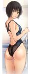  1girl amagami apron ass bangs black_hair black_one-piece_swimsuit breasts brown_eyes commentary_request competition_swimsuit cowboy_shot from_behind holding looking_at_viewer looking_back nanasaki_ai one-piece_swimsuit serizawa_(serizawaroom) short_hair small_breasts smile solo swimsuit two-tone_swimsuit waist_apron 