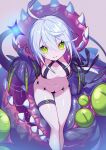  1girl absurdres bangs breasts closed_mouth green_eyes hair_between_eyes highres leaning_forward looking_at_viewer medium_breasts monster original revealing_clothes short_hair solo standing te-chan_(tewowet) tewo_(tewowet) thigh_strap white_hair 