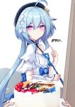  1girl absurdres ahoge birthday_cake black_headwear blue_hair bow cake closed_mouth dress food griseo hair_between_eyes hair_bow hat highres holding holding_paintbrush honkai_(series) honkai_impact_3rd jo_an long_hair looking_at_viewer paintbrush pointing pointing_at_self pov pov_hands purple_eyes single_bare_shoulder solo_focus translation_request very_long_hair white_bow white_dress 