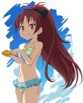  1girl bikini bikini_skirt black_bow blue_bikini bow corn crumbs eating fang food food_on_face front-tie_bikini_top front-tie_top green_bikini holding holding_food ki_(adotadot) mahou_shoujo_madoka_magica navel red_eyes red_hair sakura_kyouko solo swimsuit 