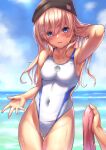  1girl 1other baseball_cap black_headwear blue_eyes blue_sky breasts cloud competition_swimsuit day girls&#039;_frontline hat highleg highleg_swimsuit highres horizon light_brown_hair long_hair medium_breasts ocean one-piece_swimsuit outdoors scar-l_(girls&#039;_frontline) sky swimsuit thigh_gap water white_one-piece_swimsuit xlscaler 