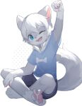 1boy barefoot bishounen blue_eyes blue_shirt bone_print clenched_hand commentary commentary_request crossed_legs cub furry grey_fur highres male_focus one_eye_closed original outstretched_arm shirt tail teeth two-tone_fur upper_teeth_only white_fur white_hair zhutangyuan 