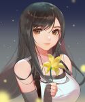  1girl bangs bare_shoulders black_gloves black_hair black_sports_bra breasts brown_eyes closed_mouth earrings elbow_gloves eyelashes final_fantasy final_fantasy_vii final_fantasy_vii_remake fingerless_gloves flower gloves holding holding_flower jewelry large_breasts light_particles lips long_hair looking_at_viewer single_earring smile solo songjikyo sports_bra swept_bangs tank_top tifa_lockhart undershirt upper_body white_tank_top yellow_flower 