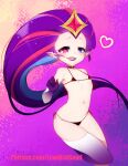  1girl :d bangs bikini black_bikini black_choker blue_eyes choker colored_skin hand_up heart heterochromia highres league_of_legends lewdishsnail long_hair looking_at_viewer micro_bikini multicolored_hair navel pink_background pink_eyes purple_hair purple_skin red_hair smile solo star_guardian_(league_of_legends) star_guardian_zoe swimsuit teeth thighhighs very_long_hair white_thighhighs zoe_(league_of_legends) 