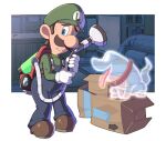 1boy arrow_(symbol) blue_eyes blue_pants bookshelf box brown_footwear brown_hair buttons cardboard_box couch desk dog facial_hair full_body ghost gloves green_shirt hands_up hoshikuzu_pan long_sleeves looking_at_viewer luigi luigi&#039;s_mansion luigi&#039;s_mansion_3 male_focus mario_(series) mustache open_mouth overalls pants parted_lips poltergust_g-00 polterpup raised_eyebrows scared shelf shirt shoes short_hair solo standing sweatdrop tongue tongue_out vacuum_cleaner white_gloves 
